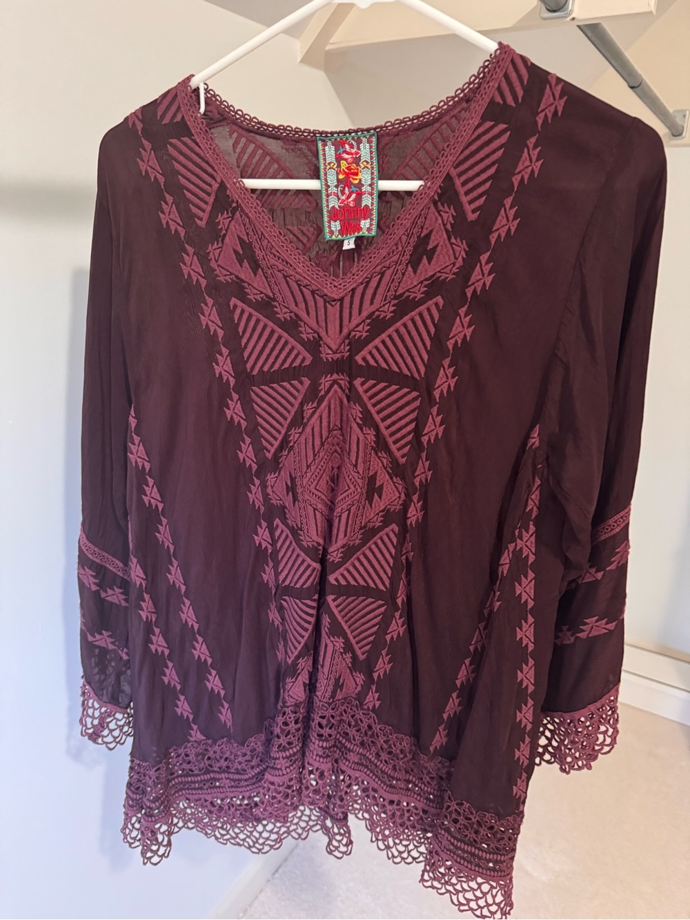Johnny Was Wine Embroidered V-Neck Tunic